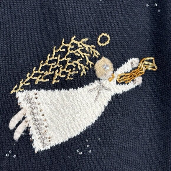 Carroll Reed Black Embroidered Angel Cardigan Beaded Size Medium Holiday Winter - Picture 3 of 13